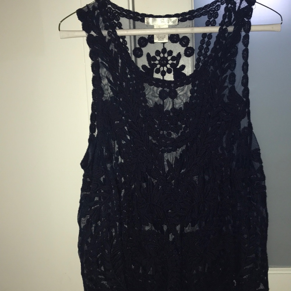 Sheer lacy navy flowy tank top
